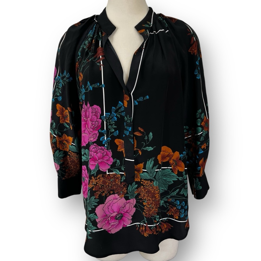 Tracy Reese Hope for Flowers Black and Floral Silk Blouse with 3/4 Sleeves